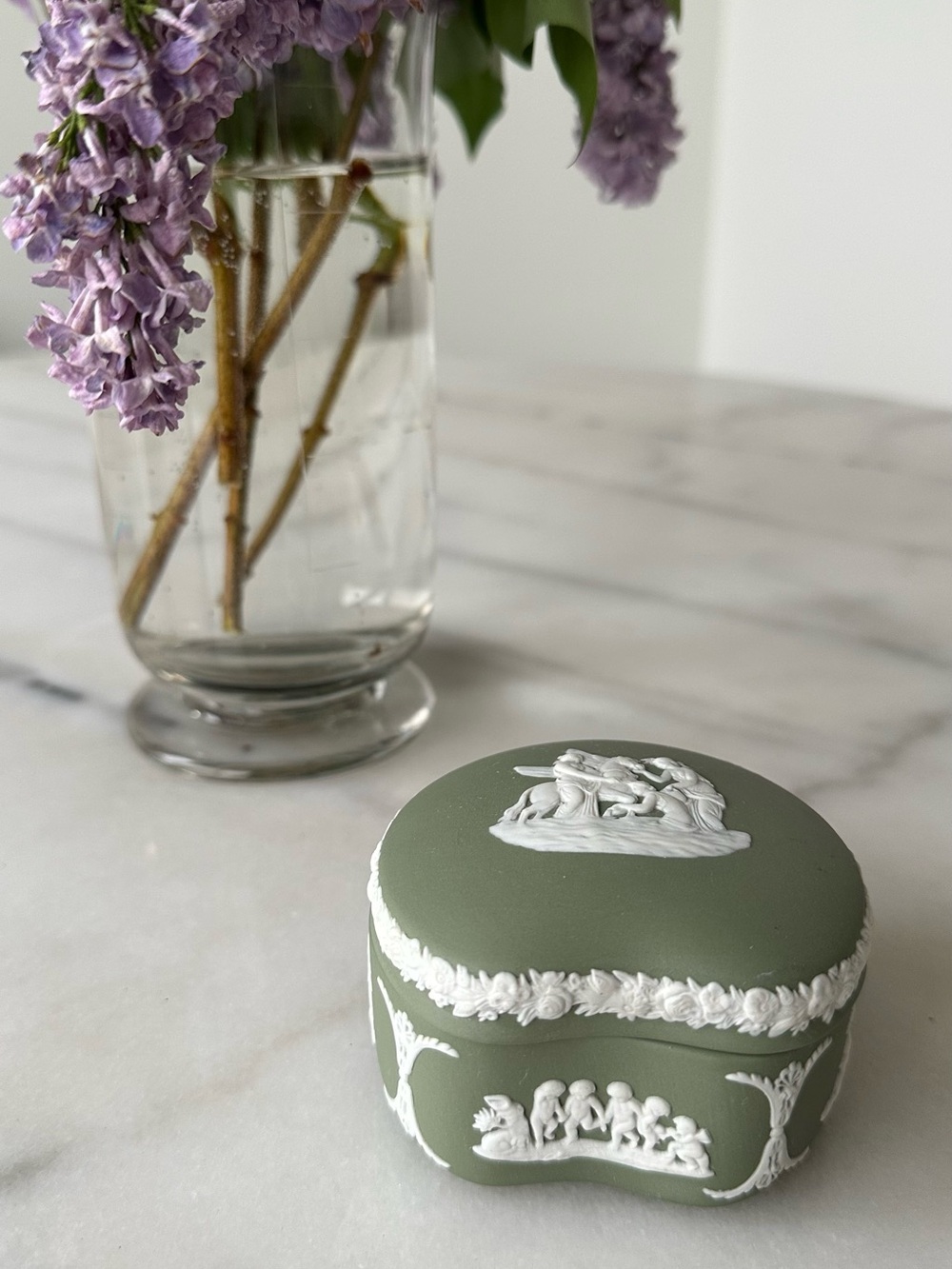 Wedgwood Sage Green Trinket Box - Pegasus and Cherubs